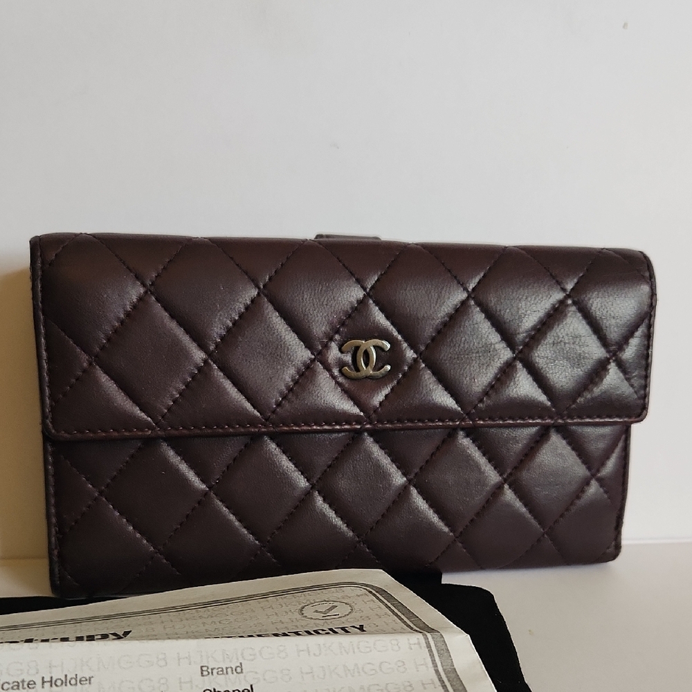 CHANEL Quilted Dark Purple Leather Wallet w/COA